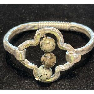 Silver Tone Hammered Cuff Bracelet Signed P Marble Stone Beaded